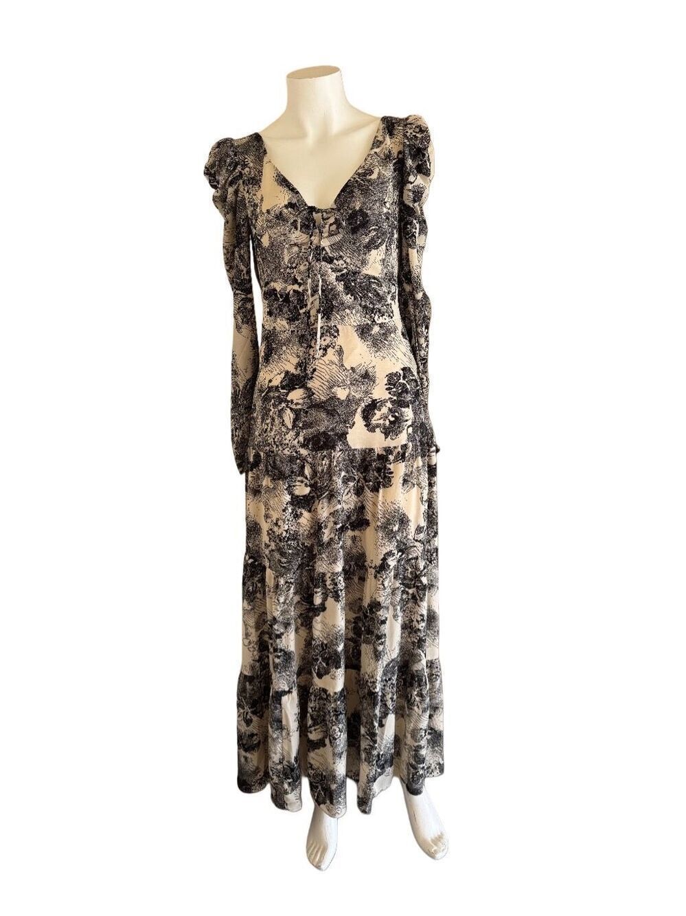 Lucy Paris Women’s small black cream maxi dress puff sleeve romantic